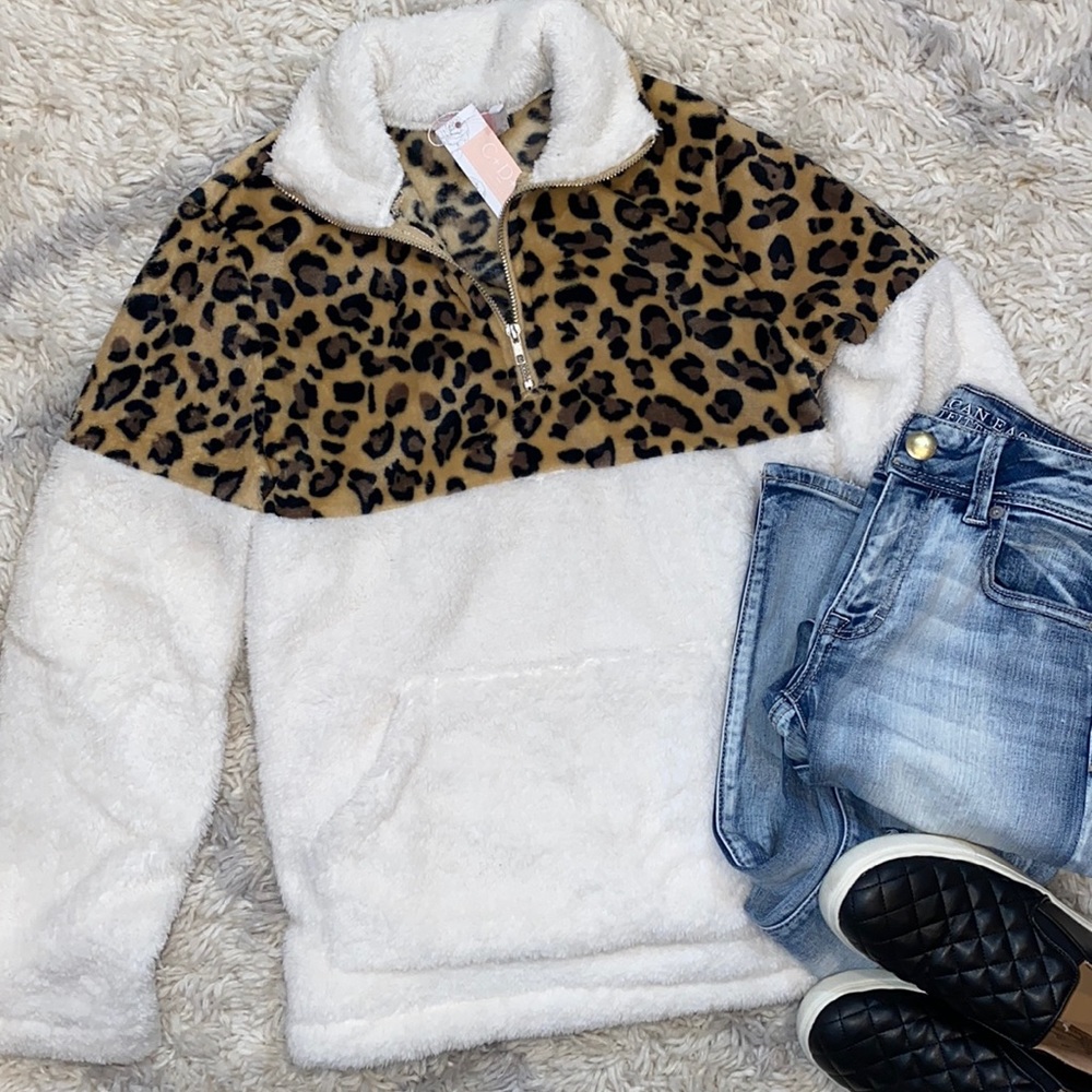 Leopard and White Fleece Half Zip Pullover Jacket - Picture 3 of 9